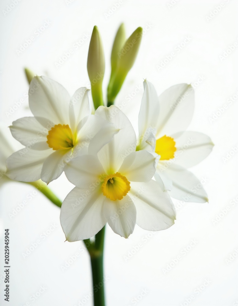 Fototapeta premium Close-up of white narcissus flowers with yellow centers against a white background. Three blossoms and two buds are visible, representing nature and spring.