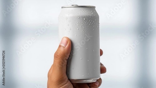 Hand holding a chilled soda can with water droplets on it outdoors