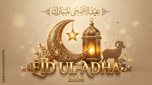 Luxury Eid ul-Adha 2026 greeting background with 3D golden text, ornate crescent moon, traditional lantern, and ram silhouette.