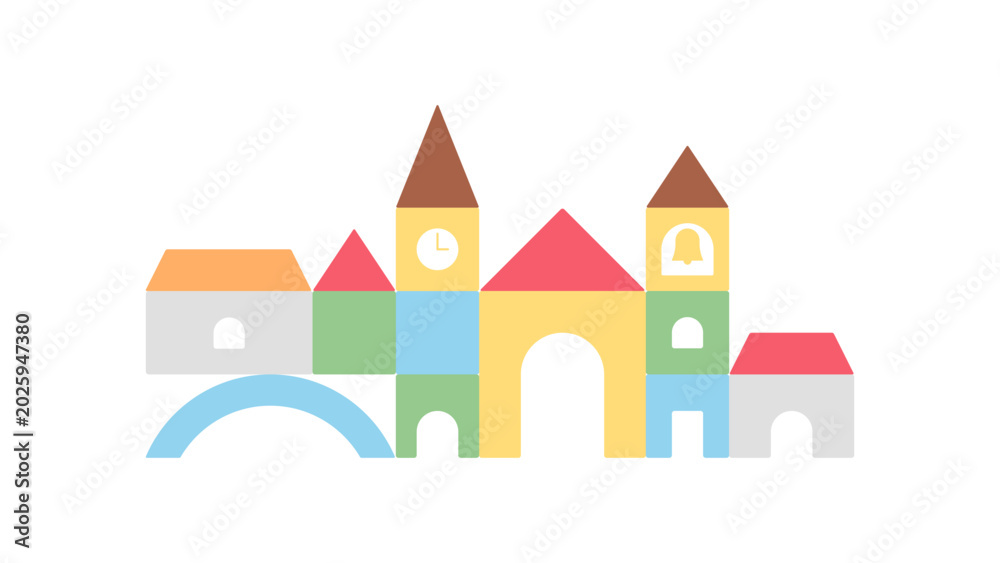 Obraz premium Toy block town. Minimalist children city made of geometric building blocks. Montessori education and toddler development concept. Simplicity vector illustration