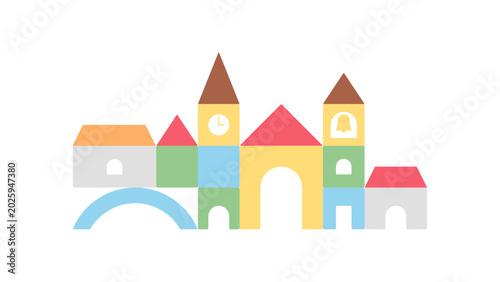 Toy block town. Minimalist children city made of geometric building blocks. Montessori education and toddler development concept. Simplicity vector illustration