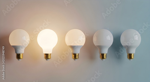 Five led bulbs with varying brightness levels on gradient background