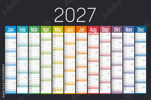 Year 2027 colorful wall calendar on black background, German language, vector template Germany
