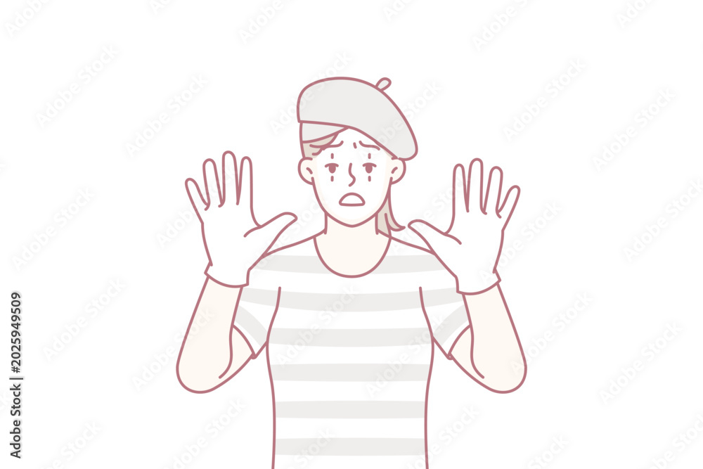Naklejka premium Funny woman clown with white face entertains people by acting as mime and leaning on invisible glass. Girl theater or circus actor stretches out palms to screen to cheer people up. Flat vector design