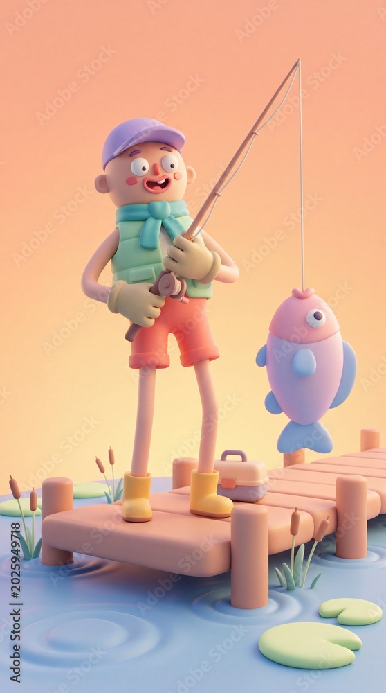 Obraz premium Cute stylized cartoon character boy fishing on wooden dock with large cartoon fish for pastel background and banner design