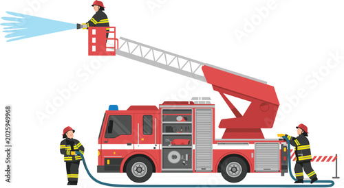 Foto Firefighter emergency rescue vector illustration featuring fire truck ladder hos