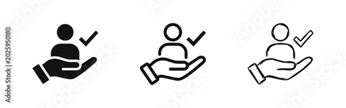 Schilderij op canvas Customer Care Icon Set with Hand Holding Person and Checkmark