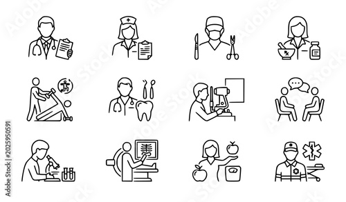 Fotografía Healthcare jobs thin line icon set editable medical profession vector