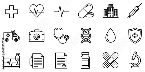 Outline medical icon pack with pharmacy hospital and clinical diagnostic research tools imagery