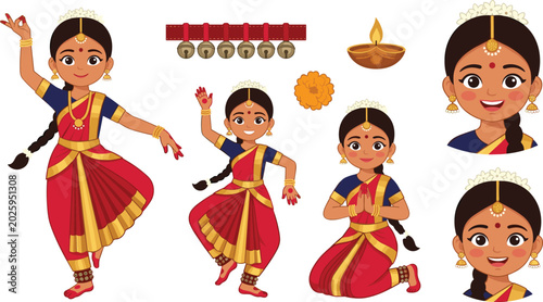Photography Cute Indian Girl Bharatanatyam Dancer Character Set with Traditional Costume Ghu
