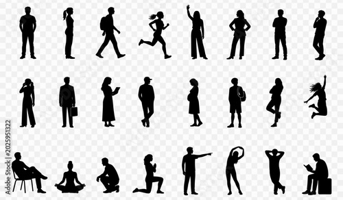 Large collection of diverse human silhouettes featuring people in various lifestyle poses for minimalist flat design vector projects and architectural visualization