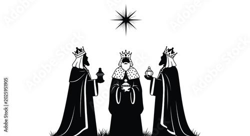 Schilderij op canvas Three wise men with gifts and star black silhouette