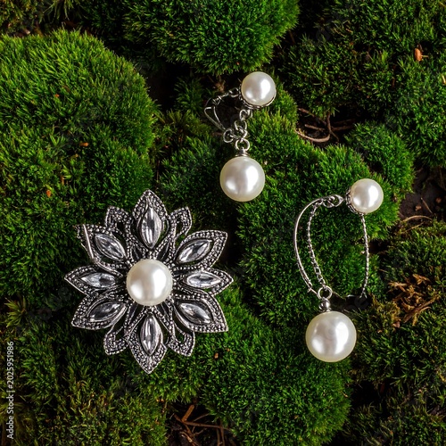 Elegant jewelry collection showcased on lush green moss background