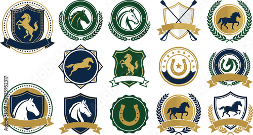 Bild auf Leinwand Equestrian and Horse Racing Logo Crest Icon Set with Horseshoe Shields Laurel Wr