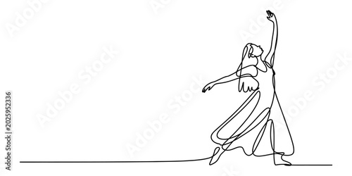 Continuous single line drawing of a beautiful woman in a dress dancing gracefully with her arms raised up in a fluid and artistic motion pose Vector, illustration
