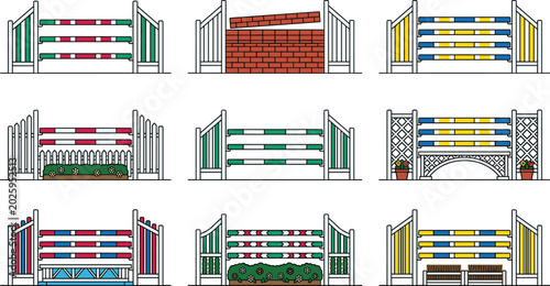 Foto Equestrian Show Jumping Obstacles Set with Colorful Poles Fences Brick Wall and