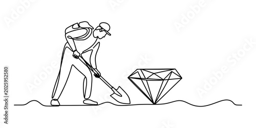 Bild auf Leinwand Continuous single line drawing of a man with a backpack using a shovel to dig an