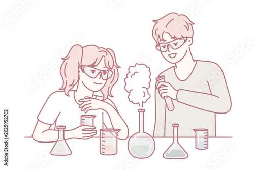 Youth boy and girl conduct chemical experiments standing near table with test tubes and pouring reagents. Elementary school students in goggles experimenting during laboratory work. Flat vector image