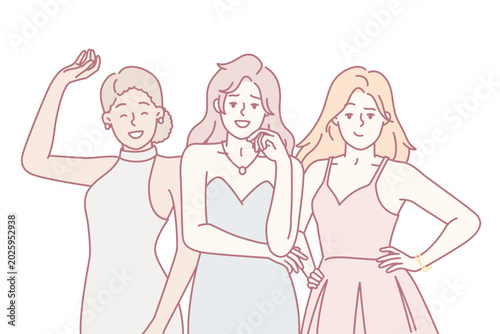 Women in evening dresses posing before going to festive event or party for company employees. Beautiful female friends or models are standing in fashionable clothes and smiling. Flat vector design