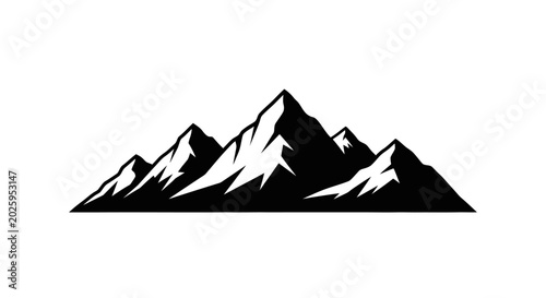 Fotografie Mountain range silhouette graphic with snow capped peaks and white background