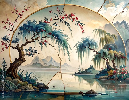 Elegant landscape painting depicting trees water and mountains in traditional style