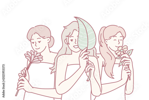 Happy women wrapped in white towels smiling after pleasant spa treatment and holding natural plants. Positive girls enjoy smell of flowers after using good shower cosmetics. Flat vector illustration