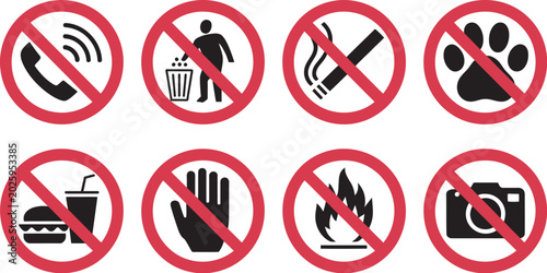 Tableau sur toile prohibited icons collection featuring no mobile phone, no littering, no smoking, no animals, no eating, no fire, and no camera warning symbols for public safety signage