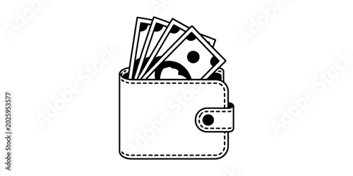 Schilderij op canvas A simple black and white line art vector icon of a leather wallet filled with pa