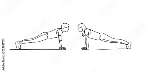 A continuous single line drawing of a man and a woman doing push up exercises together facing each other for a healthy fitness lifestyle concept Vector, illustration