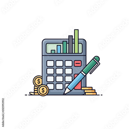 Calculator with pencil and money coins.