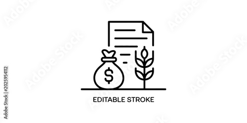 Foto Line icon of a financial document with money bag and wheat plant representing ag