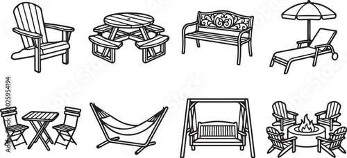 Bild auf Leinwand Black and white line drawing of antique wooden chairs and tables Vector