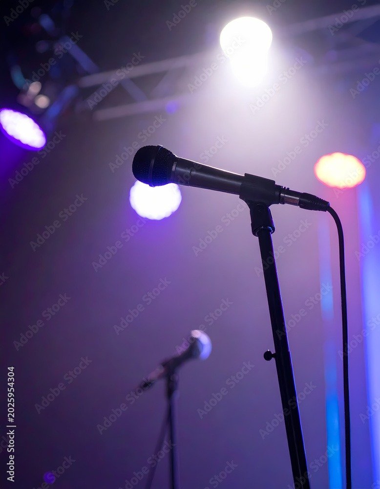 Obraz premium Professional microphone on stand in a dark club.