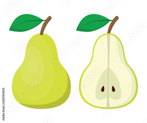 Illustration of a Whole Pear with a Green Leaf and a Cut Pear Showing Seeds and Inner Flesh. Ideal for Culinary, Nutrition, and Fruits Themes. Flat Design, Vector.