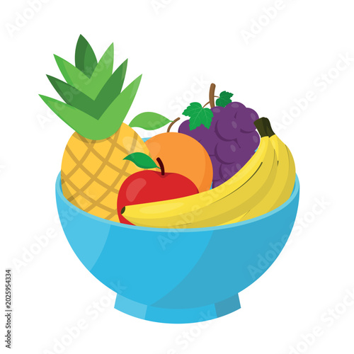 Illustrations of an Array of Fruits in a Blue Bowl, Including Apple, Banana, Grape, Orange and Pineapple. Ideal for Decorations, Culinary and Nutrition Themes.