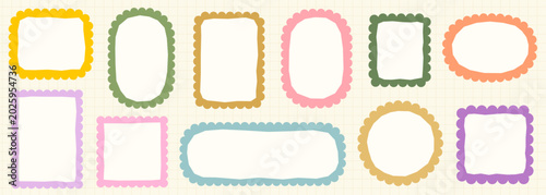 Cute pastel color scallop vector frames set, Rounded scalloped edge label, badge shapes for scrapbooking and journaling, Graphic design elements