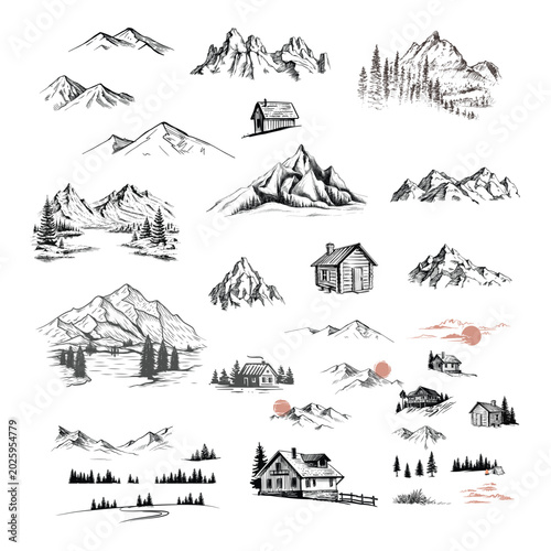 Majestic Mountain Landscape Sketch Set Hand Drawn Nature Collection
