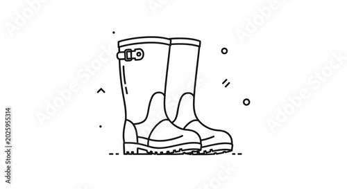 Pair of tall waterproof rain boots or wellingtons with buckles and treaded soles illustrated in a modern thick line art style.