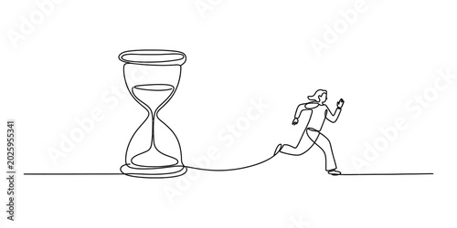 Continuous line drawing of a business woman running away from a large hourglass representing the pressure of time and deadline management concept Vector, illustration