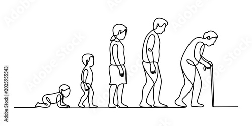 Continuous single line drawing of human life cycle stages from baby to child adult and old person with walking stick representing aging process Vector, illustration
