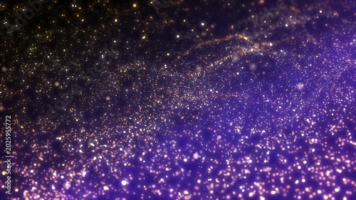 Golden glitter particles dust powder shining stars abstract blue background