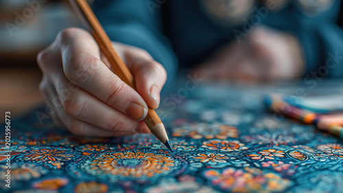 Creative art therapy session with adult coloring book supporting calm mental wellness