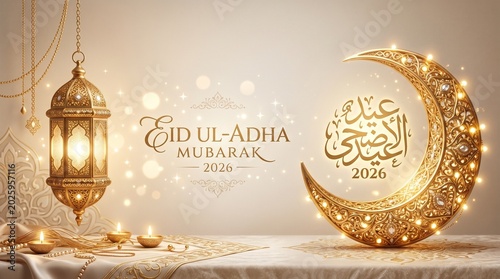 Elegant Eid ul-Adha 2026 Greeting with Traditional Lantern, Sweets, and Arabic Calligraphy