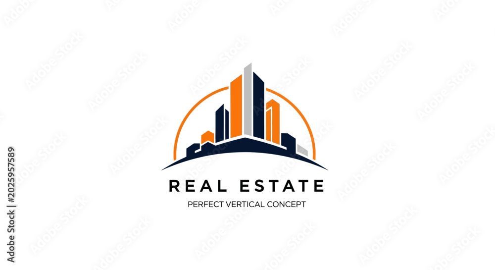 Naklejka premium Modern Real Estate Logo Design with City Skyline and Buildings.