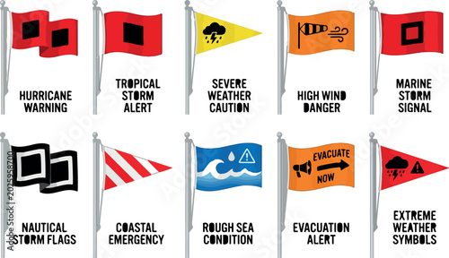 Severe weather warning flags vector set, hurricane and tropical storm alert symbols, nautical emergency signal icons for marine safety isolated PNG with Transparent Background