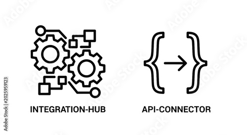 Schilderij op canvas Integration hub and api connector icons for system connectivity with data flow d