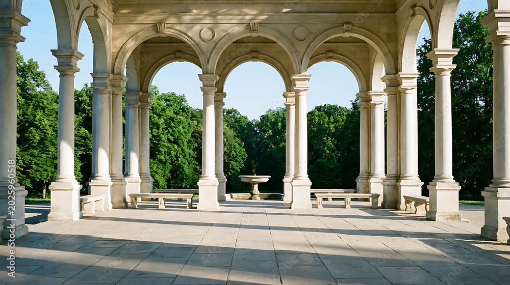 Obraz premium Open-air pavilion with classical arches and fountain water feature pavilion