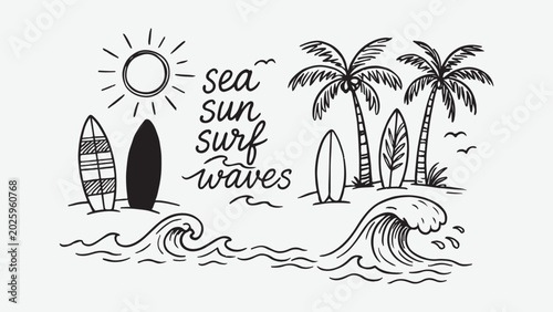collection of hand drawn beach elements including palm trees surfboards umbrellas and waves perfect for summer themed designs