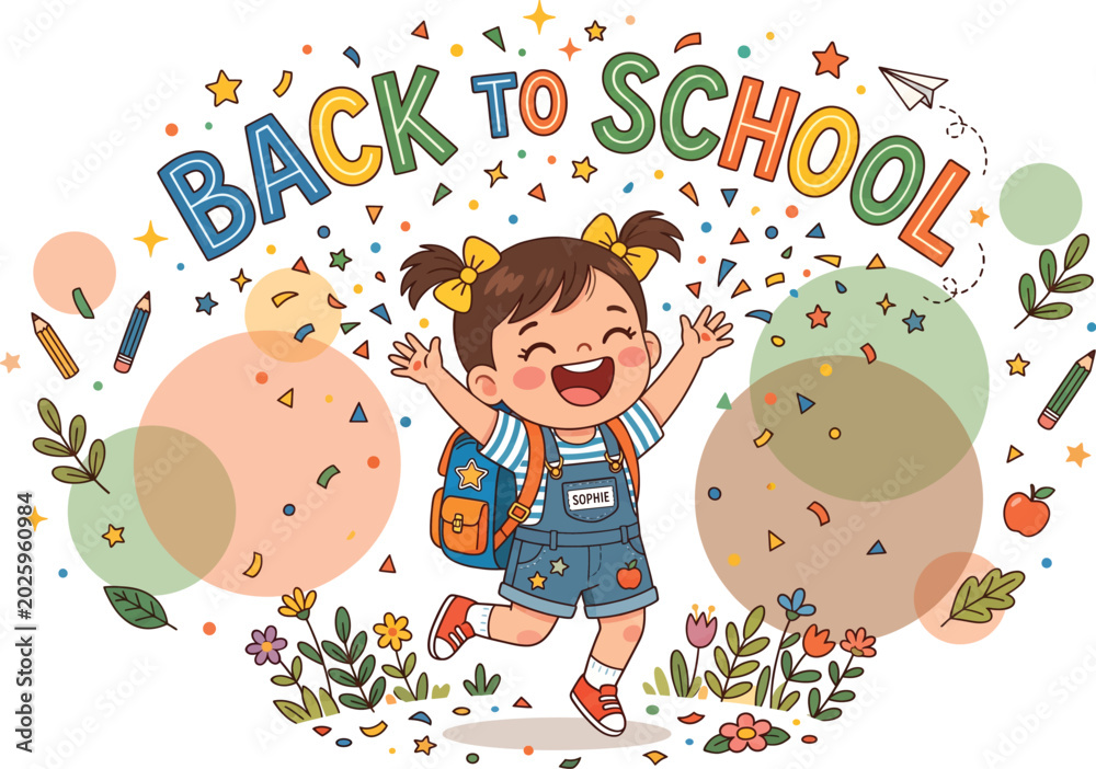 Naklejka premium Back to school vector illustration, happy schoolgirl with backpack, cute student character with confetti