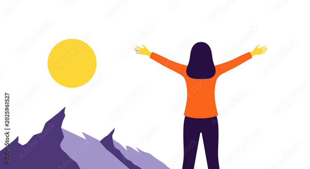 Naklejka premium Woman Standing with Open Arms Towards Mountains and Sun, Concept of Success, Freedom, and Achievement Vector Illustration